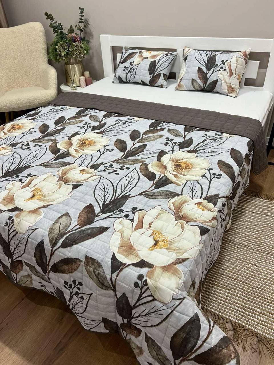 SoftNature 155*220 Bedspread with pillows with magnolia flower pattern