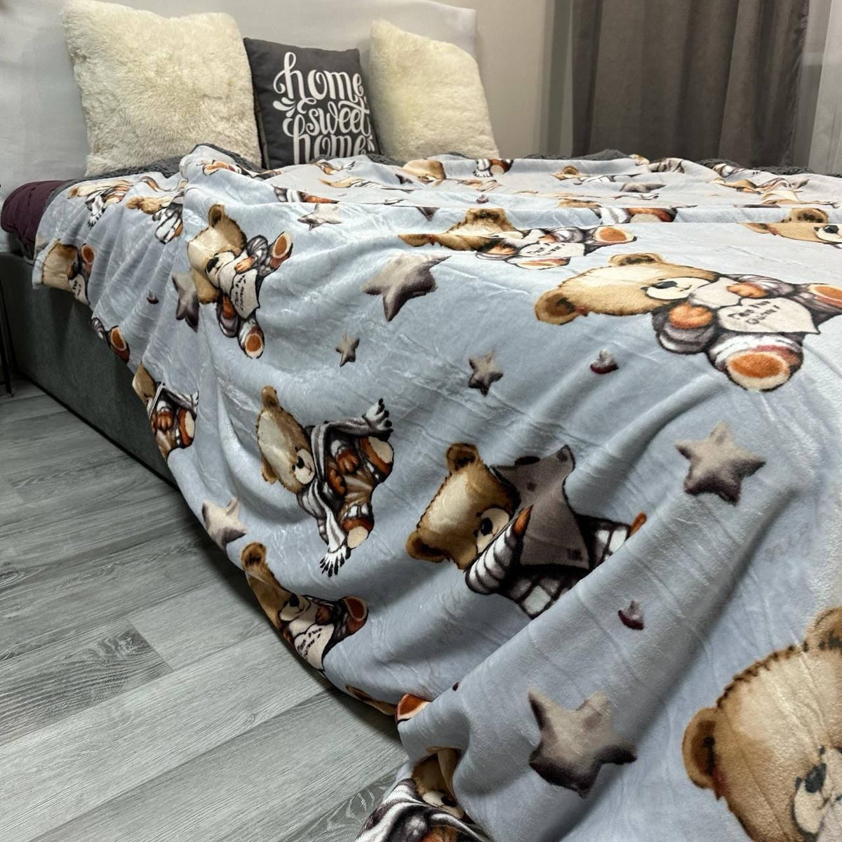 SoftNature плед Velour bedspread with a blue bear pattern